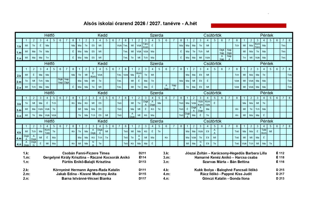 Alsós órarend 2026-27 A hét