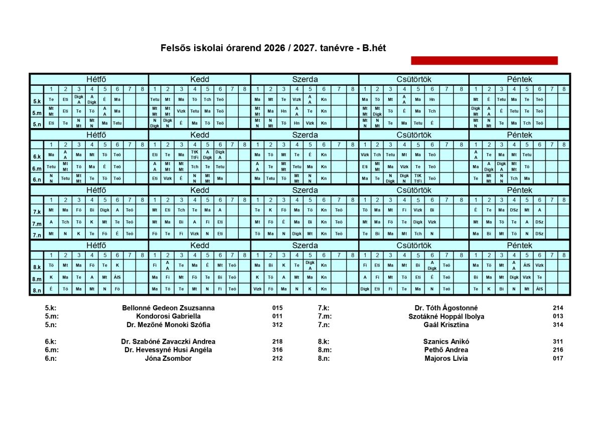 Felsős órarend 2026-27 B hét