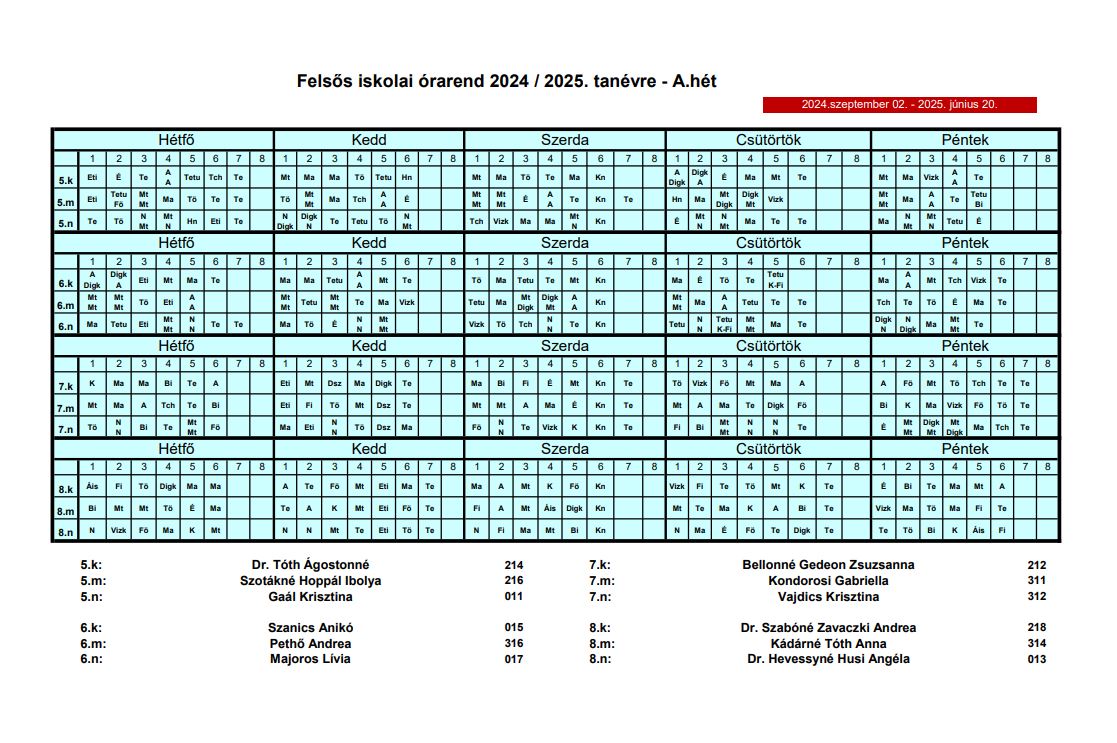 Órarend 2024/25-es tanév A hét-2