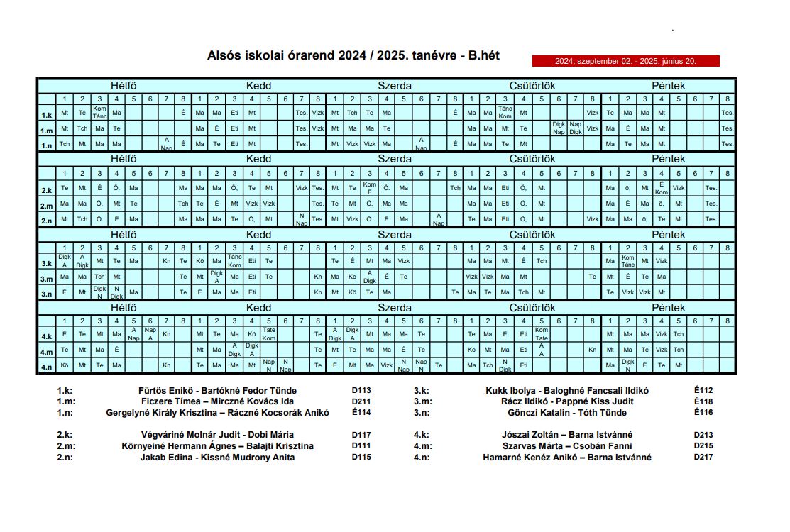 Órarend 2024/25-es tanév B hét-1