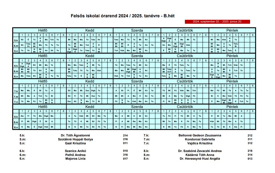 Órarend 2024/25-es tanév B hét-2