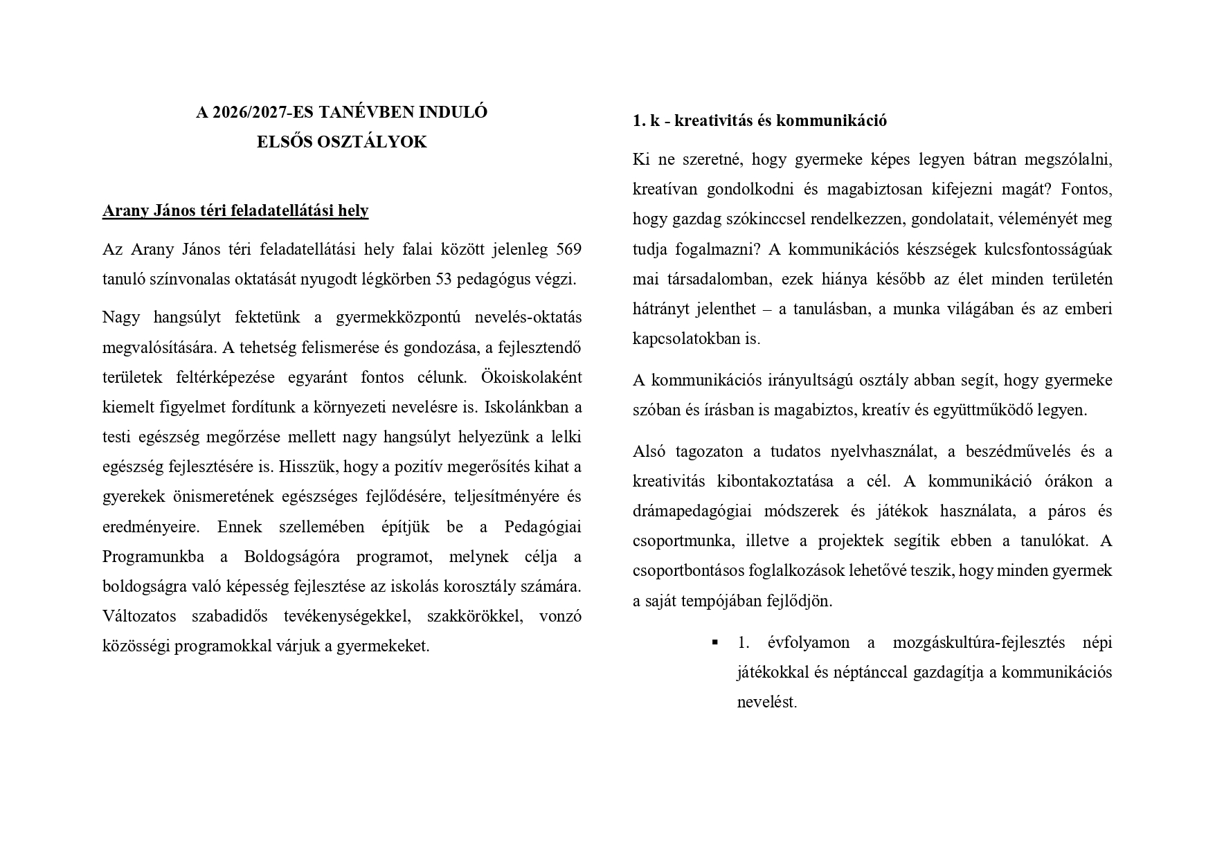 Elsős beiskolázási tájékoztató 2